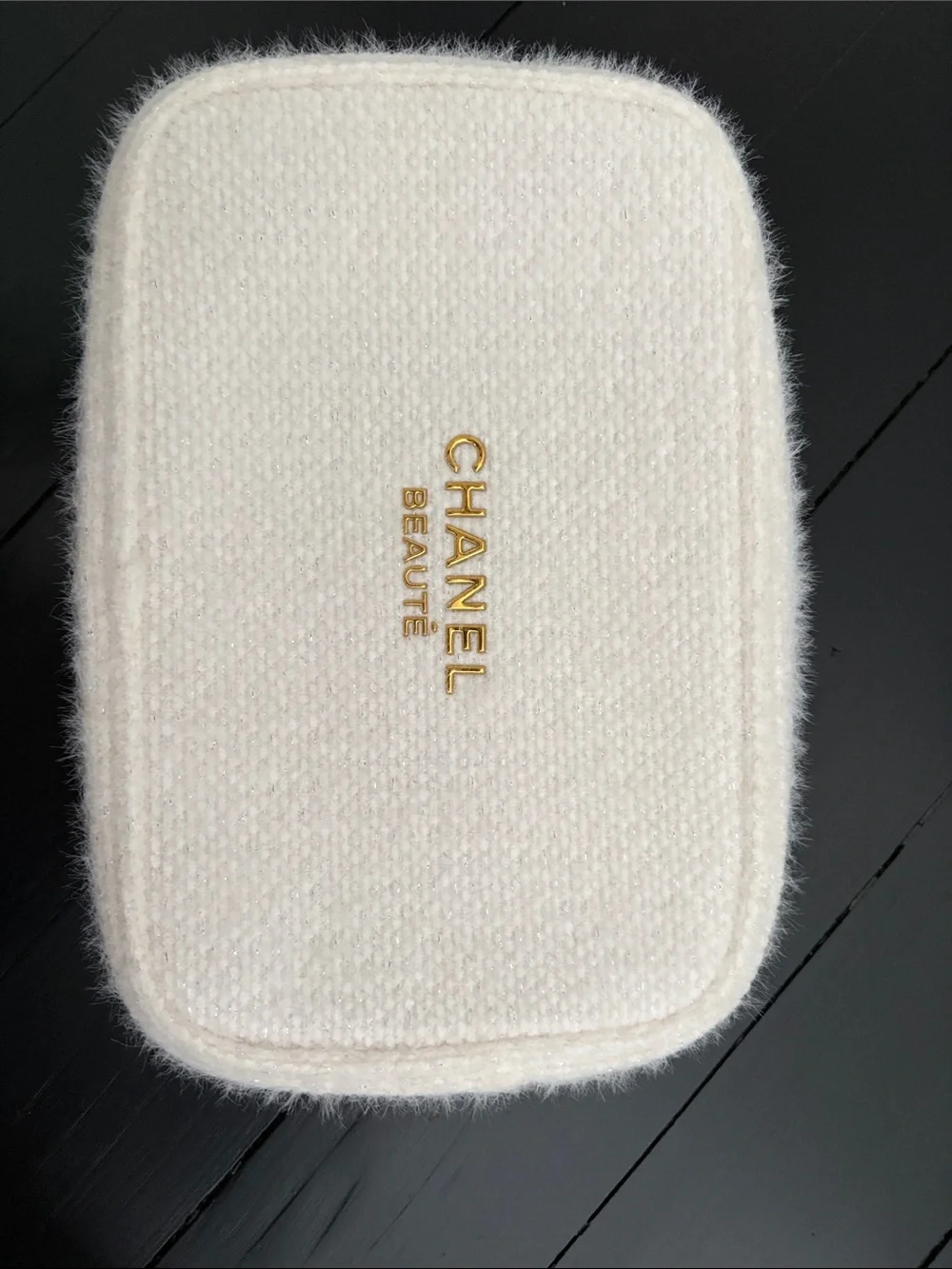 CHANEL Cream Wool Cosmetic Pouch with Gold Logo
